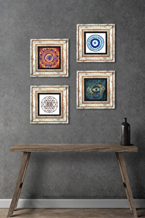 Mandala, Nazar, Sri Yantra Taş Duvar Tablosu Çerçeveli Duvar Dekoru 4 Parça Tablo Seti Wall Art