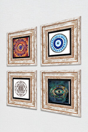 Mandala, Nazar, Sri Yantra Taş Duvar Tablosu Çerçeveli Duvar Dekoru 4 Parça Tablo Seti Wall Art