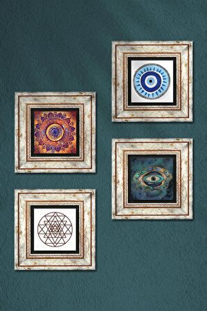 Mandala, Nazar, Sri Yantra Taş Duvar Tablosu Çerçeveli Duvar Dekoru 4 Parça Tablo Seti Wall Art