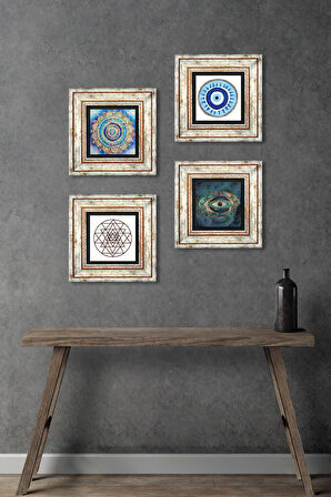 Mandala, Nazar, Sri Yantra Taş Duvar Tablosu Çerçeveli Duvar Dekoru 4 Parça Tablo Seti Wall Art