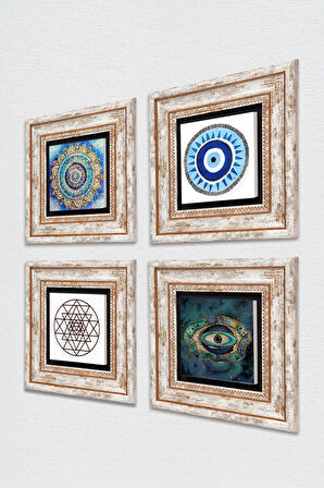 Mandala, Nazar, Sri Yantra Taş Duvar Tablosu Çerçeveli Duvar Dekoru 4 Parça Tablo Seti Wall Art