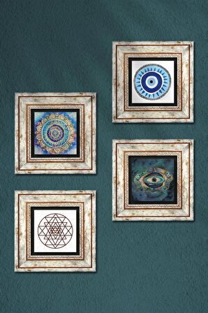 Mandala, Nazar, Sri Yantra Taş Duvar Tablosu Çerçeveli Duvar Dekoru 4 Parça Tablo Seti Wall Art