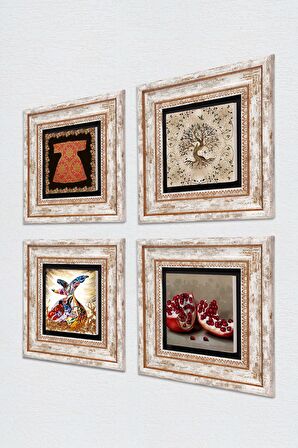 Hırka-i Şerif, Hayat Ağacı, Semazen, Nar Taş Duvar Tablosu Çerçeveli Duvar Dekoru 4 Parça Tablo Seti Wall Art