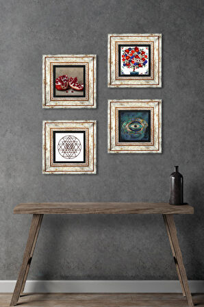 Nazar, Sri Yantra, Nar, Nar Ağacı Taş Duvar Tablosu Çerçeveli Duvar Dekoru 4 Parça Tablo Seti Wall Art