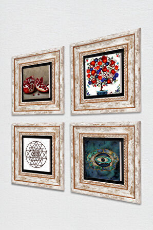 Nazar, Sri Yantra, Nar, Nar Ağacı Taş Duvar Tablosu Çerçeveli Duvar Dekoru 4 Parça Tablo Seti Wall Art