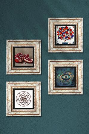 Nazar, Sri Yantra, Nar, Nar Ağacı Taş Duvar Tablosu Çerçeveli Duvar Dekoru 4 Parça Tablo Seti Wall Art