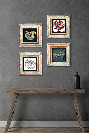 Nazar, Sri Yantra, Şahmeran, Nar Ağacı Taş Duvar Tablosu Çerçeveli Duvar Dekoru 4 Parça Tablo Seti Wall Art