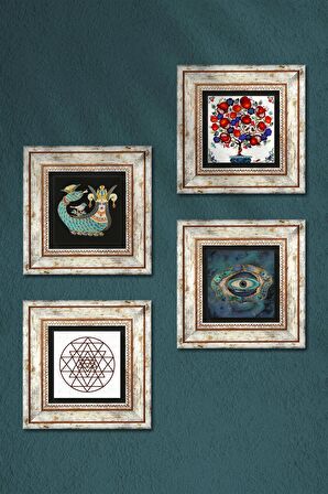 Nazar, Sri Yantra, Şahmeran, Nar Ağacı Taş Duvar Tablosu Çerçeveli Duvar Dekoru 4 Parça Tablo Seti Wall Art