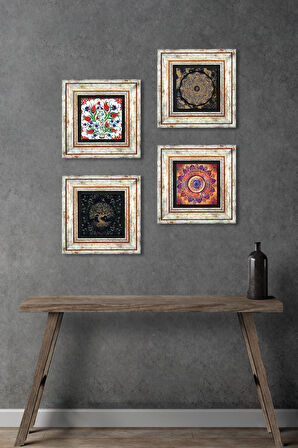 Mandala, Sri Yantra, Lale, Hayat Ağacı Taş Duvar Tablosu Çerçeveli Duvar Dekoru 4 Parça Tablo Seti Wall Art