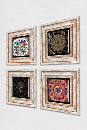 Mandala, Sri Yantra, Lale, Hayat Ağacı Taş Duvar Tablosu Çerçeveli Duvar Dekoru 4 Parça Tablo Seti Wall Art