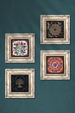 Mandala, Sri Yantra, Lale, Hayat Ağacı Taş Duvar Tablosu Çerçeveli Duvar Dekoru 4 Parça Tablo Seti Wall Art