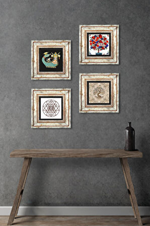 Sri Yantra, Şahmeran, Hayat Ağacı, Nar Ağacı Taş Duvar Tablosu Çerçeveli Duvar Dekoru 4 Parça Tablo Seti Wall Art