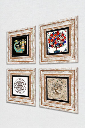 Sri Yantra, Şahmeran, Hayat Ağacı, Nar Ağacı Taş Duvar Tablosu Çerçeveli Duvar Dekoru 4 Parça Tablo Seti Wall Art