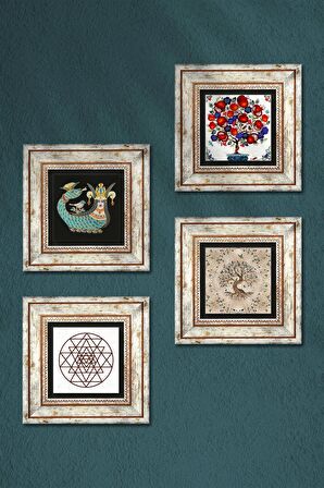 Sri Yantra, Şahmeran, Hayat Ağacı, Nar Ağacı Taş Duvar Tablosu Çerçeveli Duvar Dekoru 4 Parça Tablo Seti Wall Art