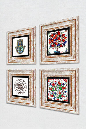 Lale, Sri Yantra, Nar Ağacı, Fatma Ana Eli (Hamsa) Taş Duvar Tablosu Çerçeveli Duvar Dekoru 4 Parça Tablo Seti Wall Art