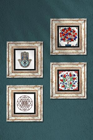Lale, Sri Yantra, Nar Ağacı, Fatma Ana Eli (Hamsa) Taş Duvar Tablosu Çerçeveli Duvar Dekoru 4 Parça Tablo Seti Wall Art