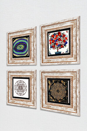 Nazar, Sri Yantra, Nar Ağacı Taş Duvar Tablosu Çerçeveli Duvar Dekoru 4 Parça Tablo Seti Wall Art