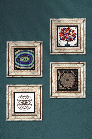 Nazar, Sri Yantra, Nar Ağacı Taş Duvar Tablosu Çerçeveli Duvar Dekoru 4 Parça Tablo Seti Wall Art
