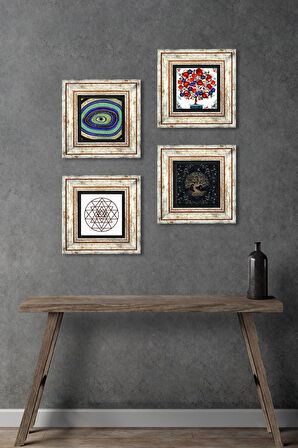 Nazar, Sri Yantra, Hayat Ağacı, Nar Ağacı Taş Duvar Tablosu Çerçeveli Duvar Dekoru 4 Parça Tablo Seti Wall Art
