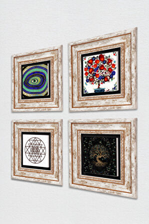 Nazar, Sri Yantra, Hayat Ağacı, Nar Ağacı Taş Duvar Tablosu Çerçeveli Duvar Dekoru 4 Parça Tablo Seti Wall Art