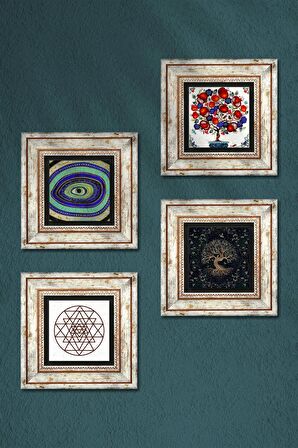 Nazar, Sri Yantra, Hayat Ağacı, Nar Ağacı Taş Duvar Tablosu Çerçeveli Duvar Dekoru 4 Parça Tablo Seti Wall Art