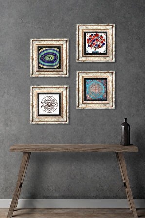 Nazar, Yaşam Çiçeği, Sri Yantra, Nar Ağacı Taş Duvar Tablosu Çerçeveli Duvar Dekoru 4 Parça Tablo Seti Wall Art