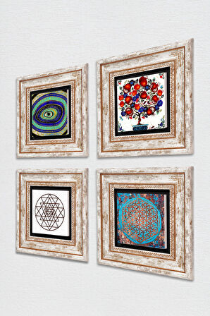 Nazar, Yaşam Çiçeği, Sri Yantra, Nar Ağacı Taş Duvar Tablosu Çerçeveli Duvar Dekoru 4 Parça Tablo Seti Wall Art