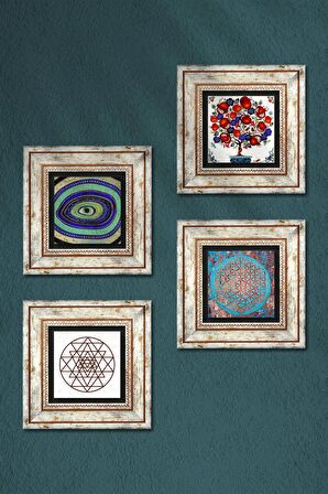 Nazar, Yaşam Çiçeği, Sri Yantra, Nar Ağacı Taş Duvar Tablosu Çerçeveli Duvar Dekoru 4 Parça Tablo Seti Wall Art
