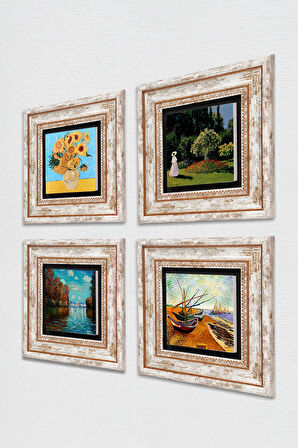Van Gogh, Claude Monet Taş Duvar Tablosu Çerçeveli Duvar Dekoru 4 Parça Tablo Seti Wall Art