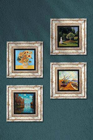 Van Gogh, Claude Monet Taş Duvar Tablosu Çerçeveli Duvar Dekoru 4 Parça Tablo Seti Wall Art