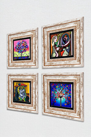 Picasso Ağlayan Kadın, Ayna Karşısındaki Kız, Hayat Ağacı Taş Duvar Tablosu Çerçeveli Duvar Dekoru 4 Parça Tablo Seti Wall Art