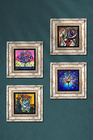 Picasso Ağlayan Kadın, Ayna Karşısındaki Kız, Hayat Ağacı Taş Duvar Tablosu Çerçeveli Duvar Dekoru 4 Parça Tablo Seti Wall Art