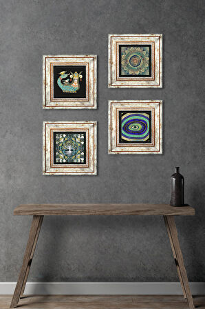 Hayat Ağacı, Mandala, Nazar, Şahmeran Taş Duvar Tablosu Çerçeveli Duvar Dekoru 4 Parça Tablo Seti Wall Art