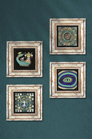 Hayat Ağacı, Mandala, Nazar, Şahmeran Taş Duvar Tablosu Çerçeveli Duvar Dekoru 4 Parça Tablo Seti Wall Art