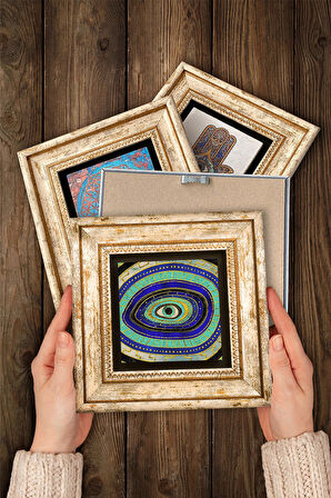 Yaşam Çiçeği, Nazar, Fatma Ana Eli (Hamsa) Taş Duvar Tablosu Çerçeveli Duvar Dekoru 4 Parça Tablo Seti Wall Art