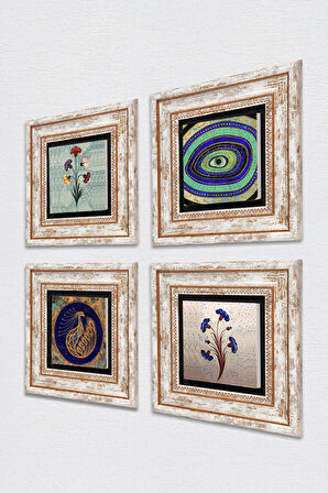 Ebru Sanatı, Nazar, Tavus Kuşu Taş Duvar Tablosu Çerçeveli Duvar Dekoru 4 Parça Tablo Seti Wall Art