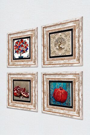 Hayat Ağacı, Nar Ağacı, Nar Taş Duvar Tablosu Çerçeveli Duvar Dekoru 4 Parça Tablo Seti Wall Art