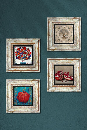 Hayat Ağacı, Nar Ağacı, Nar Taş Duvar Tablosu Çerçeveli Duvar Dekoru 4 Parça Tablo Seti Wall Art