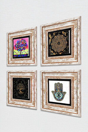 Sri Yantra, Hayat Ağacı, Fatma Ana Eli (Hamsa) Taş Duvar Tablosu Çerçeveli Duvar Dekoru 4 Parça Tablo Seti Wall Art