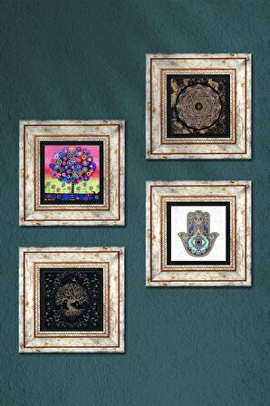 Sri Yantra, Hayat Ağacı, Fatma Ana Eli (Hamsa) Taş Duvar Tablosu Çerçeveli Duvar Dekoru 4 Parça Tablo Seti Wall Art