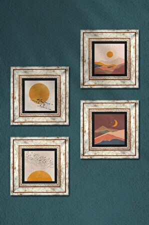 Minimalist, Bohem Taş Duvar Tablosu Çerçeveli Duvar Dekoru 4 Parça Tablo Seti Wall Art