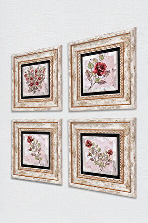 Gül Çiçek Taş Duvar Tablosu Çerçeveli Duvar Dekoru 4 Parça Tablo Seti Wall Art