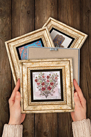 Gül Çiçek Taş Duvar Tablosu Çerçeveli Duvar Dekoru 4 Parça Tablo Seti Wall Art