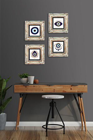 Nazar Taş Duvar Tablosu Çerçeveli Duvar Dekoru 4 Parça Tablo Seti Wall Art