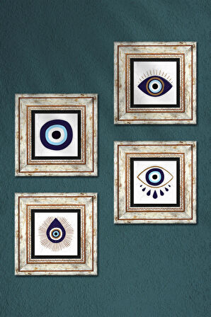 Nazar Taş Duvar Tablosu Çerçeveli Duvar Dekoru 4 Parça Tablo Seti Wall Art