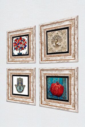 Hayat Ağacı, Nar, Nar Ağacı, Fatma Ana Eli (Hamsa) Taş Duvar Tablosu Çerçeveli Duvar Dekoru 4 Parça Tablo Seti Wall Art