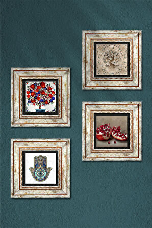 Hayat Ağacı, Nar, Nar Ağacı, Fatma Ana Eli (Hamsa) Taş Duvar Tablosu Çerçeveli Duvar Dekoru 4 Parça Tablo Seti Wall Art