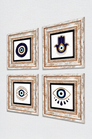 Fatma Ana Eli (Hamsa), Nazar Taş Duvar Tablosu Çerçeveli Duvar Dekoru 4 Parça Tablo Seti Wall Art