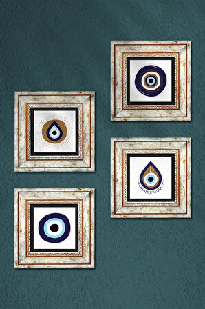 Nazar Taş Duvar Tablosu Çerçeveli Duvar Dekoru 4 Parça Tablo Seti Wall Art