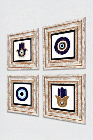 Fatma Ana Eli (Hamsa), Nazar Taş Duvar Tablosu Çerçeveli Duvar Dekoru 4 Parça Tablo Seti Wall Art